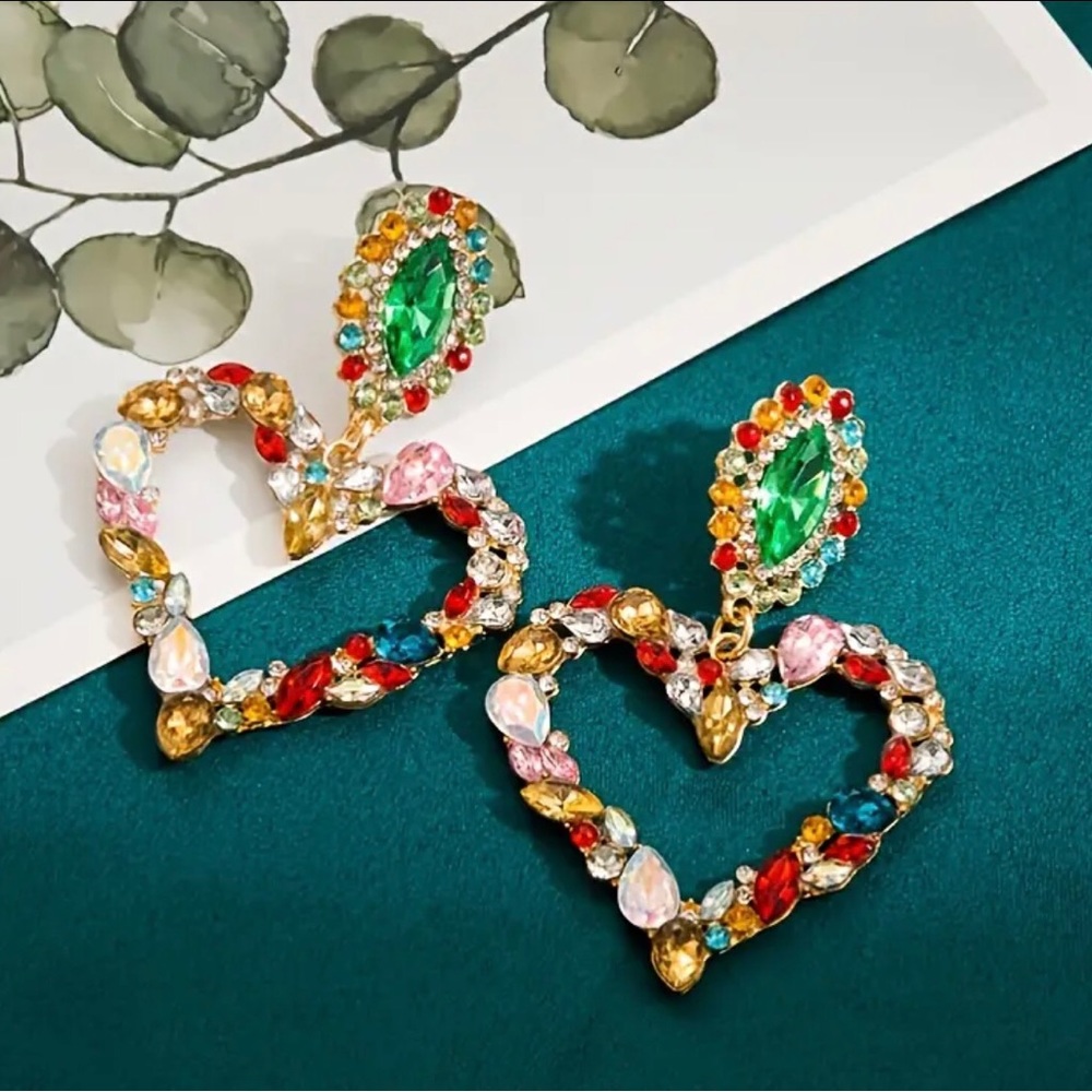Hollow Heart Shape w/ Colorful Shiny Rhinestone Decor Dangle Earrings